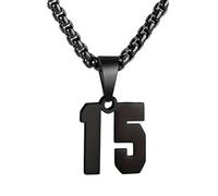 NUMBERS® | 30 cm Black Necklace with Number 15 | Stainless Steel Pendant and Chain | Display your Favorite Sports Number | US Sports Fans Gift | OriginalCorner®