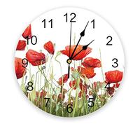 Numeral Clock 25cm, Flower Watercolor Poppies Red Flowers No Glass Wall Clock Large Number,Easy To Read Kitchen Clocks For Cafe Dining Room Home Decor