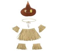 NUMJAW 7 Pcs Scarecrow Costume Adult,Felt Scarecrow Hat with Sunflower Patchwork with Raffia Straw Kit Costume Accessories Wizard Witch Cosplay Dress Up Halloween Costumes for Men Women(Brown)