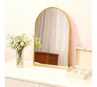 Numjeg Golden Metal Mirror Vanity Table Desk Arch Makeup Bathroom Mirror Rotation Framed Standing Mirrors 90°Adjustable Room Decor for Living Room,Bedroom,Tabletop