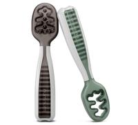 NumNum Baby Spoons Set, Baby Essentials Pre-Spoon GOOtensils for 6+ Months, First Stage Self-Feeding Spoons for Baby Led Weaning (BLW), Silicone Toddler Utensils, BPA-Free, 2 Pack Gray/Green