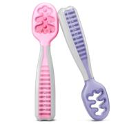 NumNum Baby Spoons Set, Baby Essentials Pre-Spoon GOOtensils for 6+ Months, First Stage Self-Feeding Spoons for Baby Led Weaning (BLW), Silicone Toddler Utensils, BPA-Free, 2 Pack Frosty Lilac/Rosebud