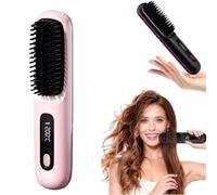 Numoya GoBrush PRO UK - Portable Straightener Brush, Wireless USB Heated Styling Comb with 3 Temperature Settings, Mini Straightener for Short Hair & All Hair Types (Pink)