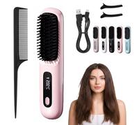 Numoya Portable Straightener Brush - GoBrush PRO | Portable Straightener Brush: Cordless Hair Styler with Fast Heating Design for Smooth and Shiny Hair Anywhere (Pink)