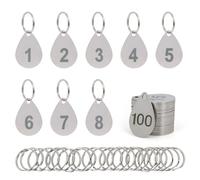 NumRealm Numbered Key Tags with Rings, Water Drop Shape 304 Stainless Steel Metal Number Tags, Keychain ID Labels - 1 to 100
