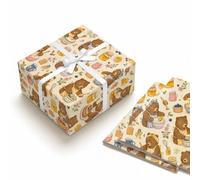 Numyawl Bear Wrapping Paper, 2 Sheets, Honey Baking Design | Watercolor baking bears, honey jars, berries and flowers for birthdays, baby showers and thoughtful gift wrapping