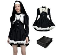 Nun Costume Dress,Medieval Gothic Lolita Dress with Crucifixion&Hat,Black Sexy Maid Outfits for Halloween,Comic-Con (Black+White, 2XL)