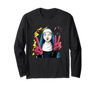 Nun Double Peace Retro Pop Character Graphic Sign Gesture Long Sleeve T-Shirt