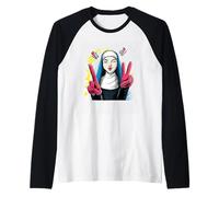Nun Double Peace Retro Pop Character Graphic Sign Gesture Raglan Baseball Tee