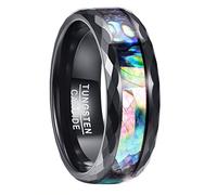 NUNCAD 8mm Abalone Shell Tungsten Carbide Rings for Men Women Black Faceted Edges Wedding Engagement Promise Band Ring Comfort Fit Size J½ to Z+3