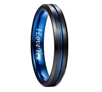 NUNCAD I Love You Wedding Ring for Men Women 4mm Black Blue Tungsten Carbide Rings Two-Tone Simple Band with Groove Size U1/2