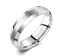 NUNCAD Men’s Tungsten Ring 6mm Beveled Edge - Silver Brushed Finish, Modern Tungsten Wedding Band for Men S