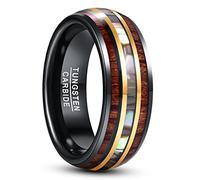 NUNCAD Men's Black Tungsten Carbide Ring 8mm with Abalone Shell Hawaii Koa Wood Domed Wedding Engagement Ring Size O
