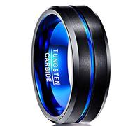 NUNCAD Men's Rings 8mm Black Blue Tungsten Wedding Ring for Men Two-Tone Simple Band Ring with Groove Beveled Edges Size U1/2