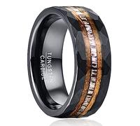 NUNCAD Men's Rings 8mm Black Hammered Tungsten Carbide Ring Wedding Band with Barrel Wood and Antler Inlay Size W