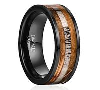 NUNCAD Men's Rings 8mm Black Tungsten Carbide Wedding Ring Band with Whiskey Barrel Wood & Deer Antler Inlay Size S