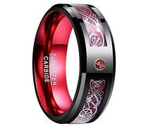 NUNCAD Men's Rings 8mm Celtic Dragon Mens Wedding Bands Black Red Two-Tone Tungsten Ring with Carbon Fiber and Cubic Zirconia Beveled Edges Size P