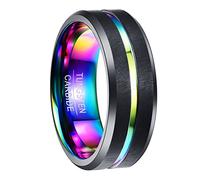 NUNCAD Men's Rings 8mm Rainbow Tungsten Wedding Ring Simple Black Band Ring with Groove Beveled Edges Size N