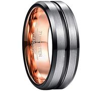 NUNCAD Men's Rings 8mm Rose Gold Tungsten Carbide Ring Silver Brushed Wedding Band with Black Groove Beveled Edges Size Z+2.5
