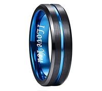 NUNCAD Men's Rings I Love You Wedding Ring 6mm Black Blue Tungsten Carbide Ring for Men Two-Tone Simple Band with Groove Size Q1/2