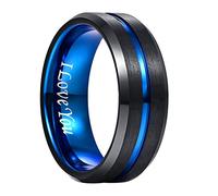 NUNCAD Men's Rings I Love You Wedding Ring Black Blue 8mm Tungsten Carbide Rings with Groove for Men Simple Band Ring Beveled Edges Size Q1/2
