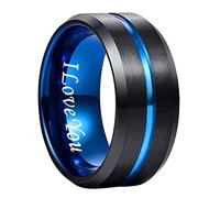 NUNCAD Men's Rings I Love You Wedding Ring for Men Black Blue Wide Tungsten Carbide Ring Two-Tone Simple Band with Groove Size Z+4