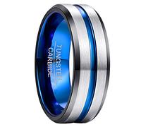 NUNCAD Men's Rings Silver 8mm Tungsten Wedding Ring for Men Blue Simple Band Ring with Groove Black Beveled Edges Size L1/2