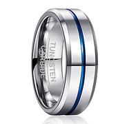 NUNCAD Men's Rings Silver 8mm Tungsten Wedding Ring for Men Two-Tone Simple Band Ring with Blue Groove Beveled Edges Size P