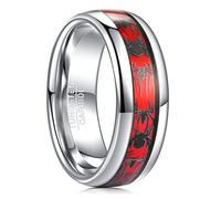 NUNCAD Red Silver Promise Rings for Men Tungsten Carbide Wedding Engagement Ring with Black Spider Pattern Polished Edge Size S