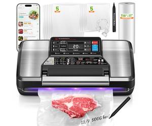 Nunemosk Vacuum Sealer Machine, 95KPa 230W Food Saver with Built-in Cutter, 12-in-1 Modes, Kireo App Expiry Reminders, Quiet 58dB, 2-Year Warranty, Silver