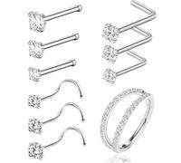 nuneoeuo 10Pcs Silver Nose Studs, Double Nose Ring Silver and 9Pcs Noses Studs for Women, Doubles Open Stack Noses Ring Hoop Hinged Segment Nostril Piercing Septum Clicker 8mm 10mm