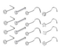 nuneoeuo 16pcs Silver Nose Piercings, Stainless Steel Cute Shaped Cubic Straight Heart Body Diamond Nose Pin Jewellery, Small Noses Studs for Women Lightweight Gem Stud for Women Men