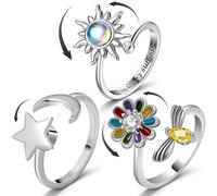 nuneoeuo 3PCS Anxiety Spin Rings Set, Anxiety Rings for Women, Adjustable Silver Ring with Spinner Flower & Bee, Adjustable Open Butterfly Moon and Star Fidget Spinner Ring, Birthday Party Gifts