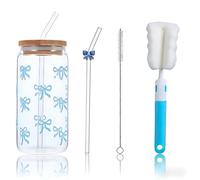 nuneoeuo 4 Pcs Blue Glass Cups with Lids and Straws Set, Cute Iced Coffee Cup Fashion Coffee Cups Glass, Glasses Tumbler with Straw and Lid Bubble Tea Cup Suitable for Daily Outdoor and Travel Use