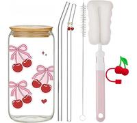 nuneoeuo 4PCS Glass Cups with Lids and Straws, Iced Coffee Cup Cute Pink Cherry Iced Coffee Glass Straws, Cup with Straw and Lid Gifts for Moms, Girlfriends, Teachers, Women