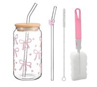 nuneoeuo 5PCS Glass Cups with Lids and Straws, Bow Glass Cup, Matcha Cups Pink Bow Cup Set for Bubble Tea Coffee Versatile and Stylish Drinking Gifts for Women Girls Friends