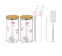 nuneoeuo 6 Pcs Bow Glass Cup, Iced Coffee Cup Glass Cups with Lids and Straws Set, Glasses Tumbler with Straw and Lid Bow Ice Coffees Suitable for use at Home School or Work