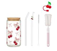 nuneoeuo 6 Pcs Cherry Glass Cups with Lids and Straws Set, Glass Straws Drinking Cup Cherry Pink for Consumed and The Cute Mugs Suitable as a Thank You Farewell Return to School Gift
