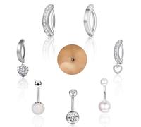 nuneoeuo 7 Pcs Belly Rings, Belly Button Bars Silver Navel Piercing Jewelry With Crystal Heart Pendant Curved Bellys Button Piercing, Silver Bellys Bars Suit for Daily Wear or Outdoor Activities