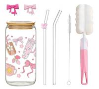 nuneoeuo 7 Pcs Glass Cups with Lids and Straws Set, Pink Bow Iced Coffee Cups Glasses, Bubble Tea Cup Glass Tumbler with Straw and Lid, Pink Bow Straw Cover for Women Girls Friends