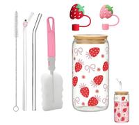 nuneoeuo 7PCS 500ml Iced Coffee Cups Set, Glass Cups with Lids and Straws, Decorative Strawberry Pattern Design Cute Bubble Tea Cup Gift for Sisters Girls Friends to Coffee Milk