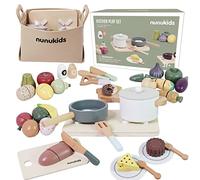 nunukids Wooden Play Food Sets for Kids Kitchen 42 pc Wooden Toys with Storage Basket Wood Pretend Food Play Kitchen Accessories Set