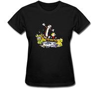 NUO YI JIA Women's Calvin Hobbes Bill Watterson Comic T Shirt Black M