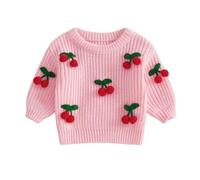 NuoBBaom Toddler Baby Girl Chunky Sweater 3D Cherry Decor Long Sleeve Crew Neck Knit Jumper Top Infant Pullover Knitwear Newborn Fall Winter Warm Clothes (Pink, 12-18 Months)