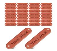 NUOBESTY 100pcs Pu Leather Tags for Crochet Items - Brown Two-Hole Pu Leather Label for Handmade Sewing - Embossed Fabric Tags with Holes