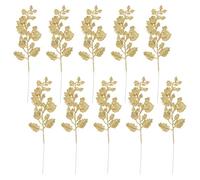 NUOBESTY 10Pcs Chinese Glitter Leaves Picks Sprays Artificial Holly Leaves Picks Stems Wired Twig Stem Fake Bunch for DIY Garland Holiday Wreath Ornament (Golden)