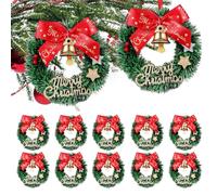 NUOBESTY 12 Pcs Mini Christmas Wreaths, Xmas Tree Hanging Ornaments | Mini Artificial Christmas Wreaths with Red Bows, Golden Bells, And Merry Christmas Sign for Tree & Home Decor