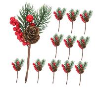 NUOBESTY 12pcs Artificial Christmas Picks Red Berry Pine Needle Stems Pine Cones for Holiday Wreaths Floral Arrangements and Tree Decorations