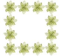 NUOBESTY 12pcs Glitter Poinsettia Green Artificial Christmas Flower Hollow Simulation Flower Tree Decoration Xmas Holiday Party Wreath Garland Bunting Decorations