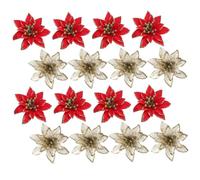 NUOBESTY 24pcs 8cm Christmas Silk Flower Decorations Glitter Poinsettia Artificial Flowers DIY Christmas Tree Ornaments Gold and Red for Holiday Home Decor